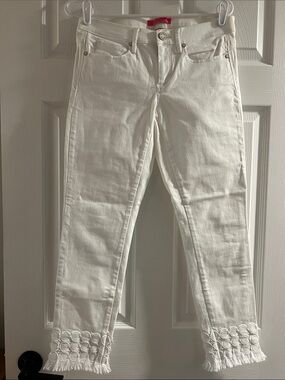 Lilly Pulitzer White Ankle Jeans with Fringe & Ring Trim